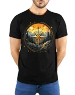 Compass Mountain Forest Adventure Graphic T-Shirt Unisex - model wearing black shirt, hands behind back