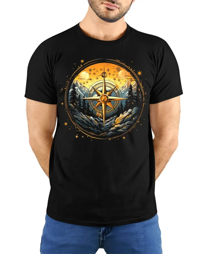 Compass Mountain Forest Adventure Graphic T-Shirt Unisex - model wearing black shirt, hands behind back