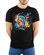 Colorful Headphones Galaxy Music T-Shirt for Music Lovers - model wearing black shirt, hands behind back