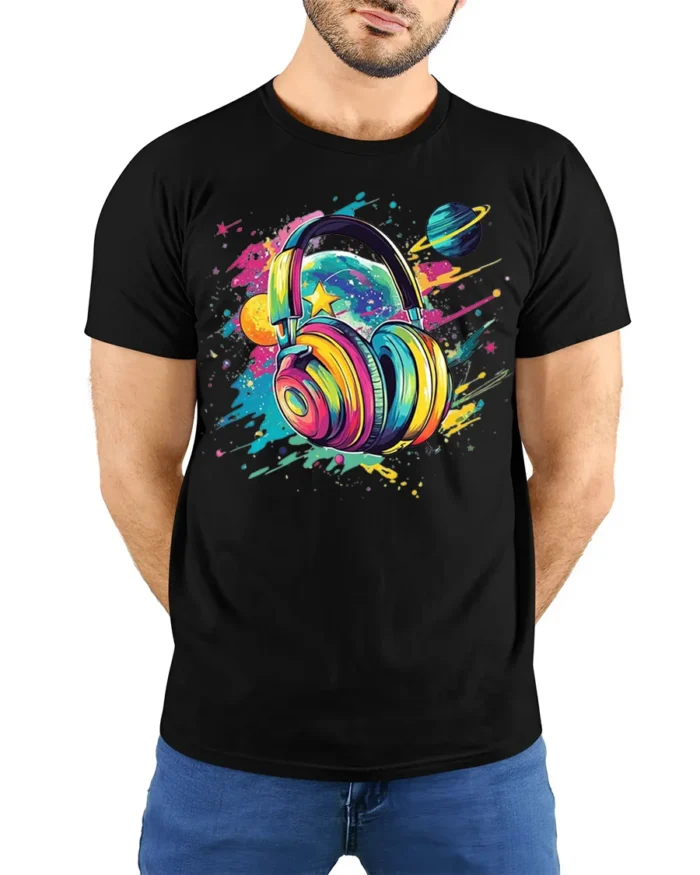 Colorful Headphones Galaxy Music T-Shirt for Music Lovers - model wearing black shirt, hands behind back