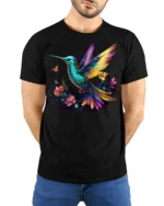 Colorful Hummingbird Floral Graphic T-Shirt for Nature Fans - model wearing black shirt, hands behind back