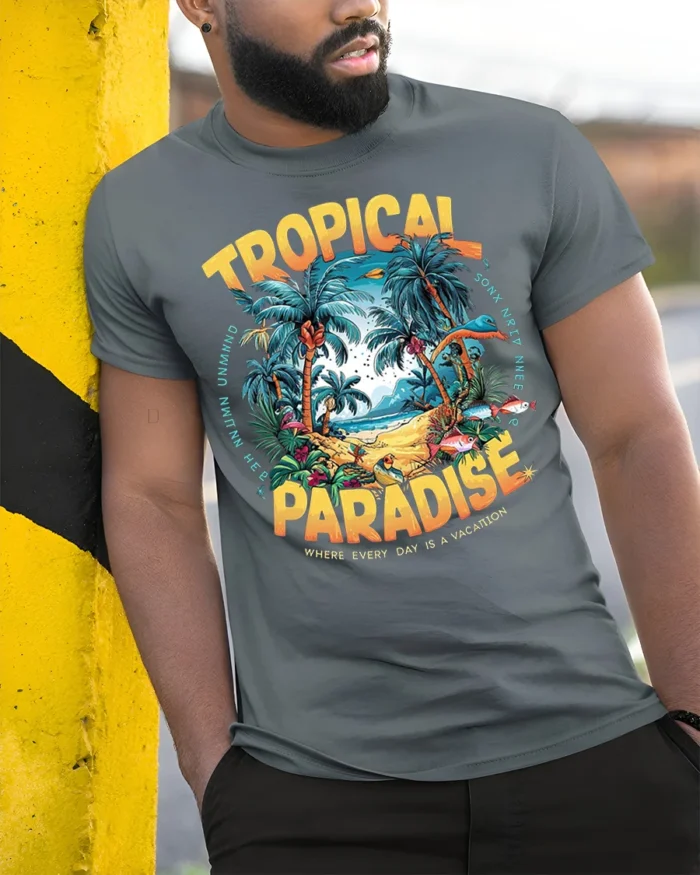 Tropical Paradise Graphic T-Shirt for Beach Vibes Lovers - model in grey shirt leaning against column