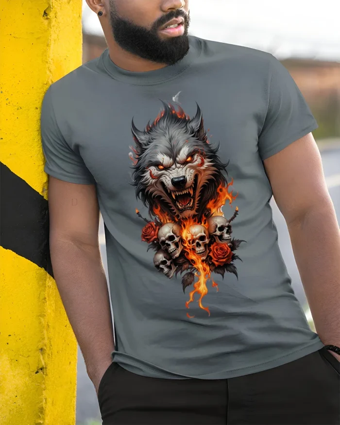 Flaming Wolf and Skull Graphic T-Shirt for Dark Style Fans - model in grey shirt leaning against column
