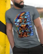 Muscle Bunny Ultra Beast T-Shirt for Gym and Comic Fans - model in grey shirt leaning against column