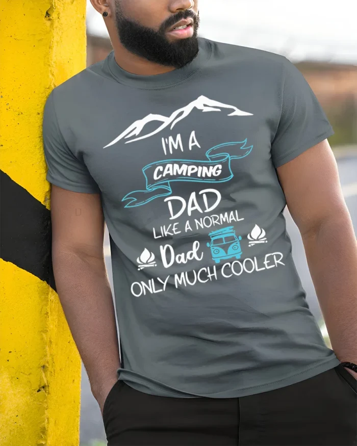 Camping Dad T-Shirt Funny Gift for Cool Outdoor Fathers - model in grey shirt leaning against column