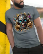 DJ Skull T-Shirt with Headphones and Gold Skeleton Hands - model in grey shirt leaning against column