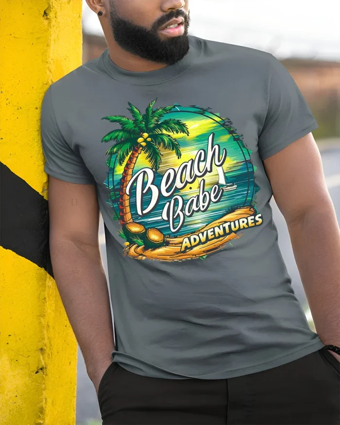 Beach Babe Adventures T-Shirt for Tropical Summer Vibes - model in grey shirt leaning against column
