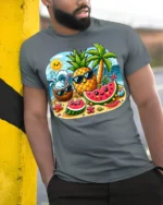 Cute Summer Fruit Beach T-Shirt - model in grey shirt leaning against column