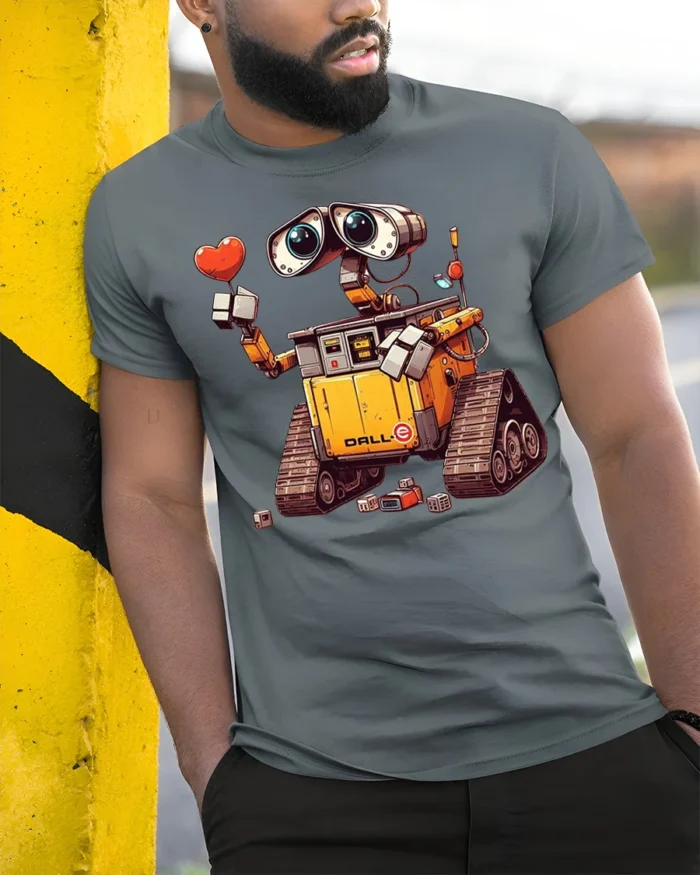 Cute Robot Love T-Shirt with Heart and Cartoon Style Design - model in grey shirt leaning against column