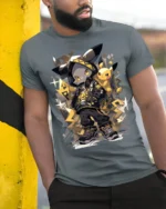 Street Style Electric Mouse Graphic T-Shirt for Fans - model in grey shirt leaning against column