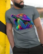 Colorful Sea Turtle Ocean Reef Graphic T-Shirt Unisex - model in grey shirt leaning against column
