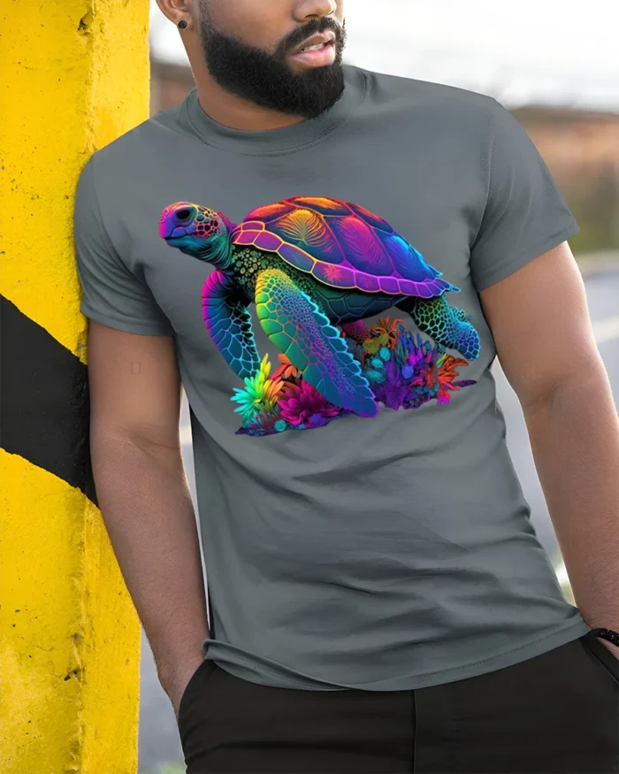 Colorful Sea Turtle Ocean Reef Graphic T-Shirt Unisex - model in grey shirt leaning against column