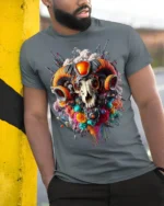 Psychedelic Ram Skull Tech Art T-Shirt - model in grey shirt leaning against column