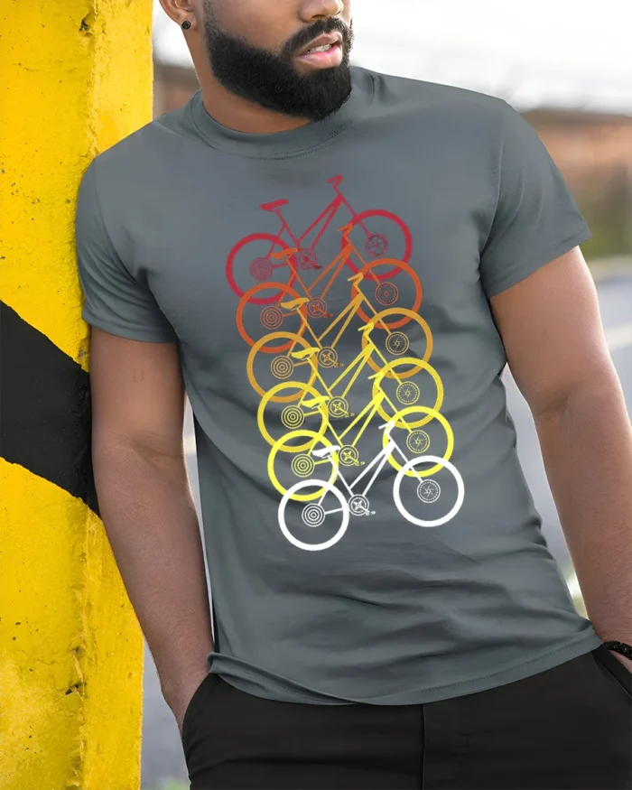 Retro Gradient Bicycle Pattern Graphic T-Shirt Unisex - model in grey shirt leaning against column