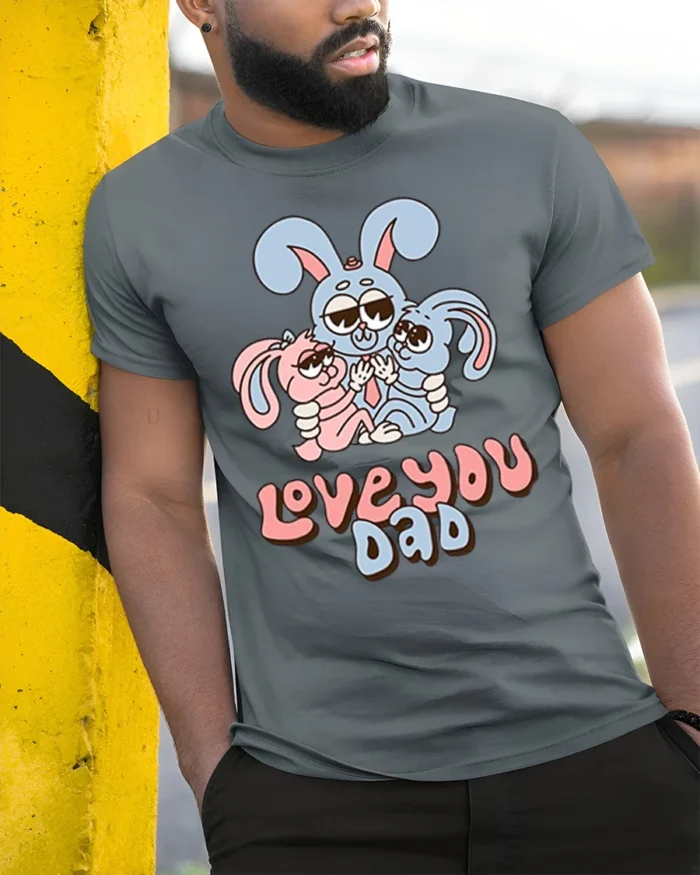 Cute Bunny Family Love You Dad T-Shirt for Father’s Day - model in grey shirt leaning against column