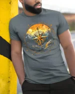 Compass Mountain Forest Adventure Graphic T-Shirt Unisex - model in grey shirt leaning against column