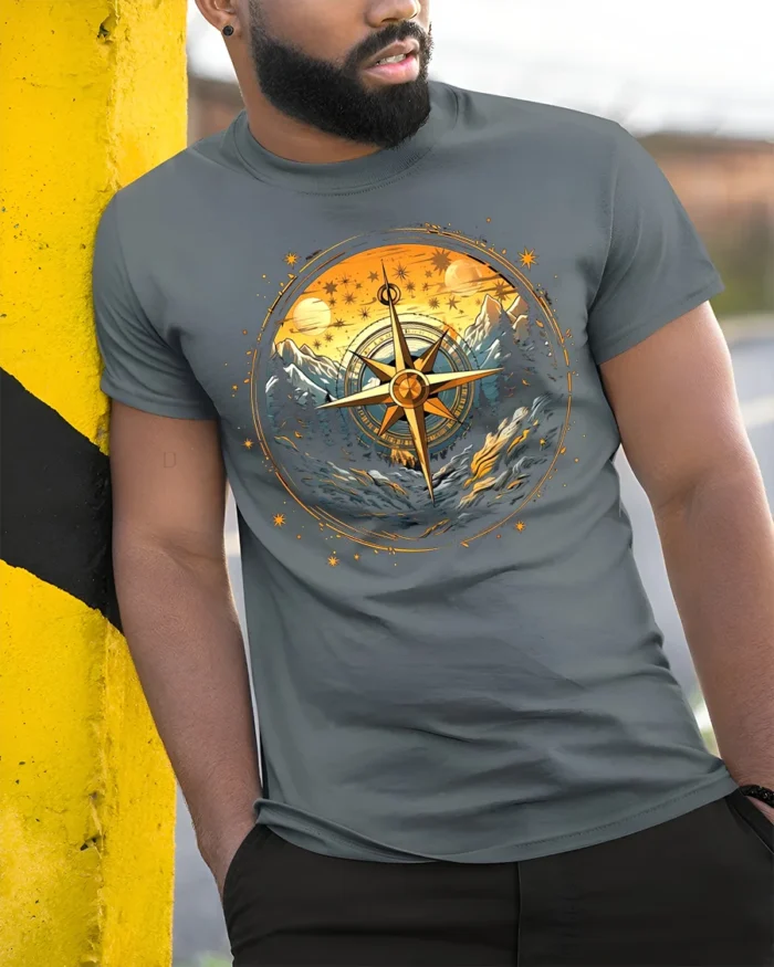 Compass Mountain Forest Adventure Graphic T-Shirt Unisex - model in grey shirt leaning against column