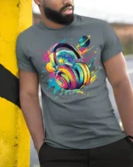 Colorful Headphones Galaxy Music T-Shirt for Music Lovers - model in grey shirt leaning against column