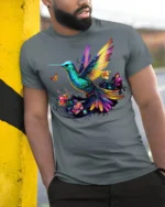 Colorful Hummingbird Floral Graphic T-Shirt for Nature Fans - model in grey shirt leaning against column