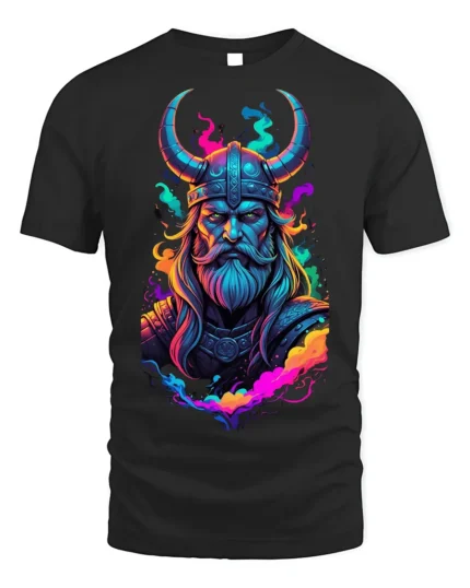 Viking Warrior T-Shirt Neon Norse Art on Soft Cotton - black t-shirt on white background