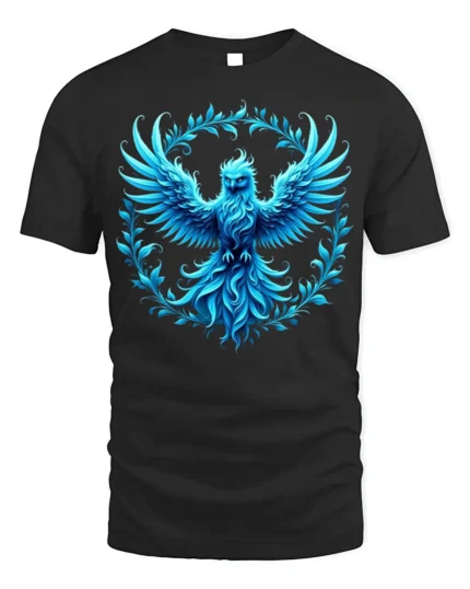 Majestic Blue Phoenix Art T-Shirt Soft Cotton - black t-shirt on white background