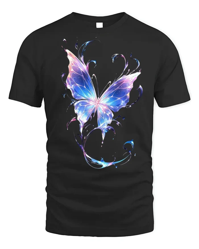 Vibrant Galaxy Butterfly T-Shirt Soft Cotton - black t-shirt on white background
