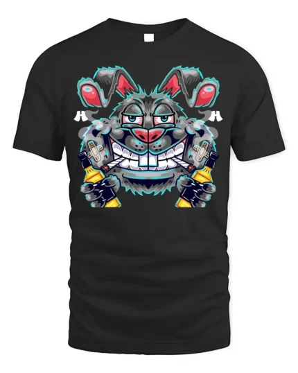 Crazy Bunny Graffiti T-Shirt Street Art Cotton - black t-shirt on white background
