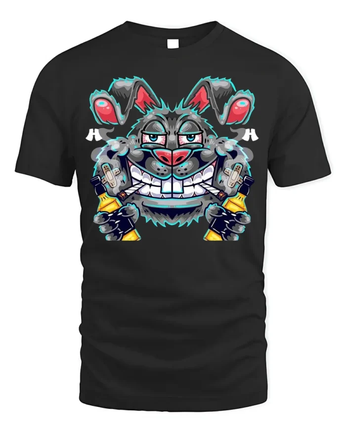 Crazy Bunny Graffiti T-Shirt Street Art Cotton - black t-shirt on white background