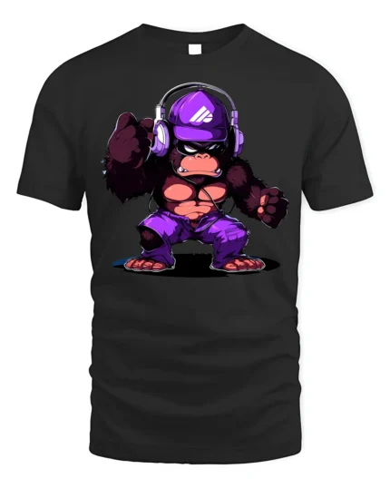 Hip Hop Gorilla T-Shirt Purple Cartoon Ape Graphic - black t-shirt on white background