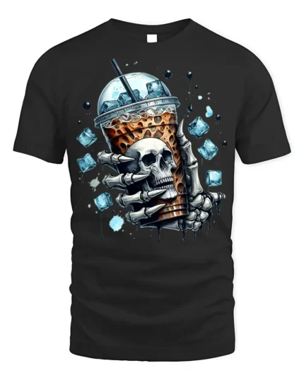 Iced Coffee Skull T-Shirt Cool Gothic Barista - black t-shirt on white background