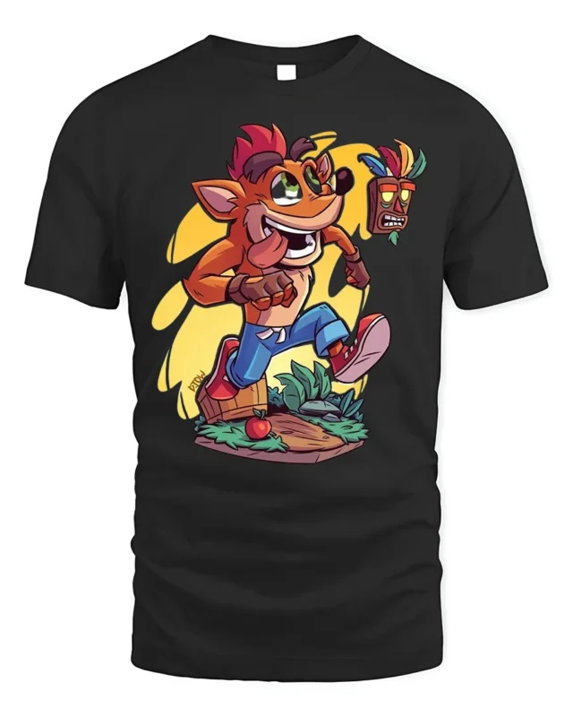 Retro Gamer T-Shirt Fun Orange Cartoon Mascot - black t-shirt on white background