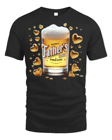 Happy Father’s Day T-Shirt Beer Glass Gold Hearts - black t-shirt on white background