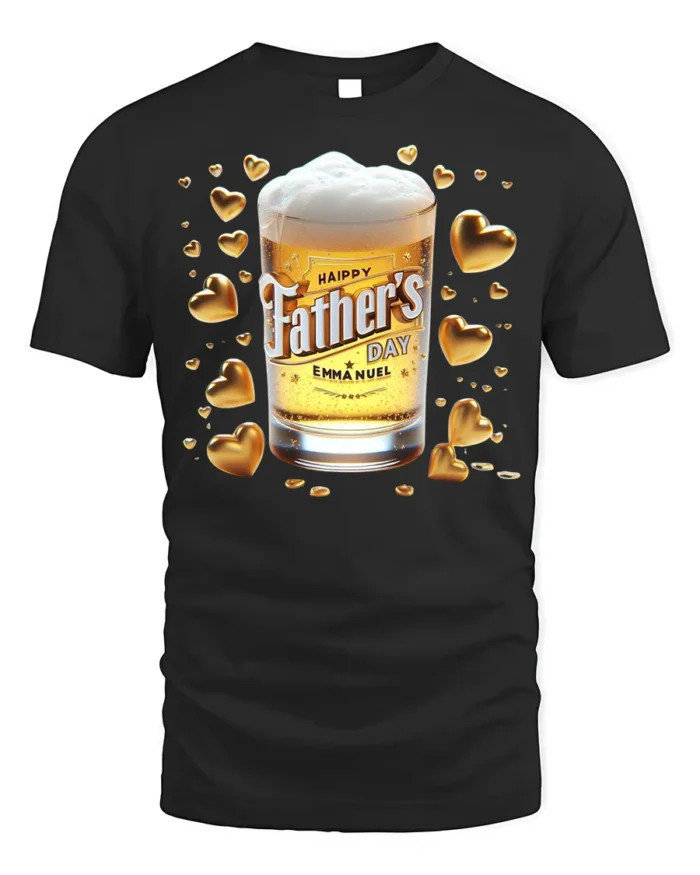 Happy Father’s Day T-Shirt Beer Glass Gold Hearts - black t-shirt on white background