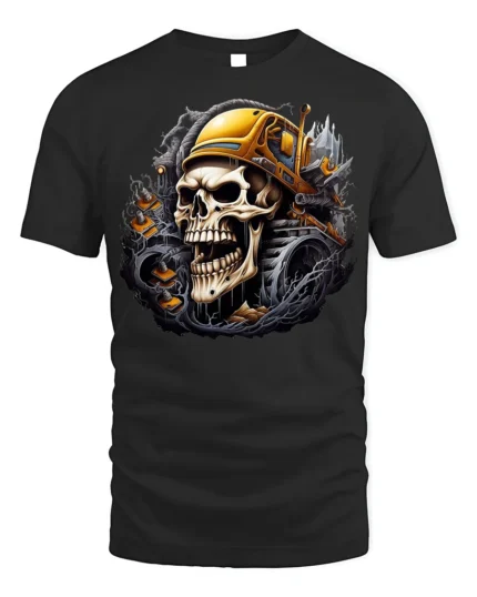 Skull Bulldozer T-Shirt Heavy Metal Construction - black t-shirt on white background