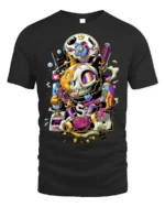 Trippy Cat Skull T-Shirt Psychedelic Gamer Streetwear - black t-shirt on white background