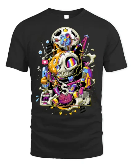 Trippy Cat Skull T-Shirt Psychedelic Gamer Streetwear - black t-shirt on white background