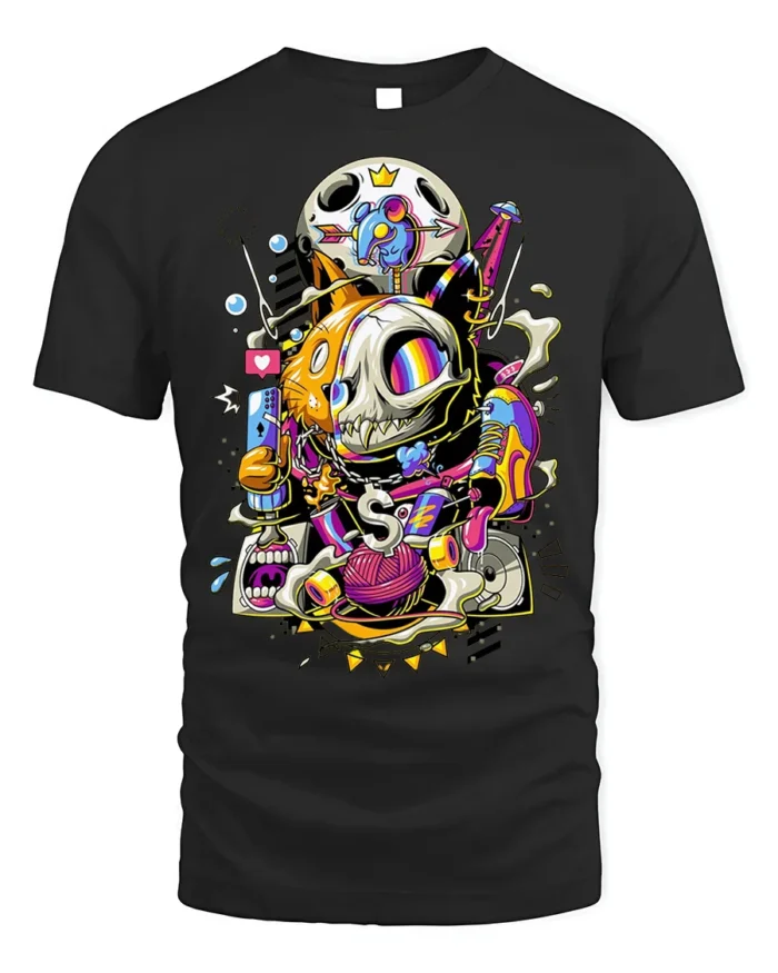Trippy Cat Skull T-Shirt Psychedelic Gamer Streetwear - black t-shirt on white background