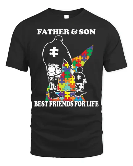 Father Son Best Friends Puzzle Autism Support T-Shirt - black t-shirt on white background