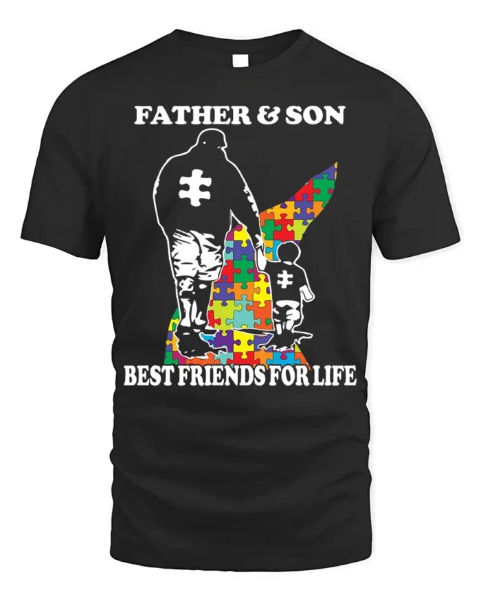 Father Son Best Friends Puzzle Autism Support T-Shirt - black t-shirt on white background