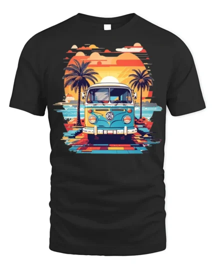 Retro Van Sunset Beach Vibes Summer Vacation T-Shirt - black t-shirt on white background