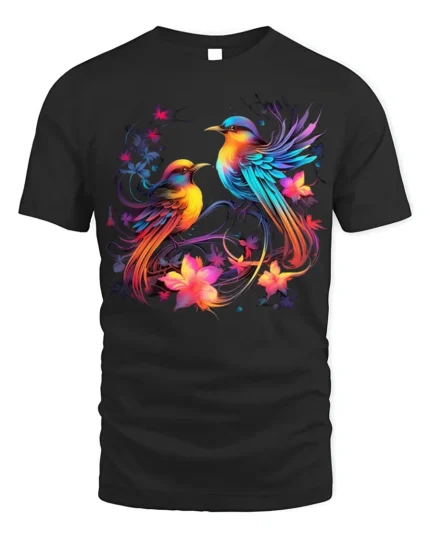Colorful Birds and Flowers Art T-Shirt for Nature Lovers - black t-shirt on white background
