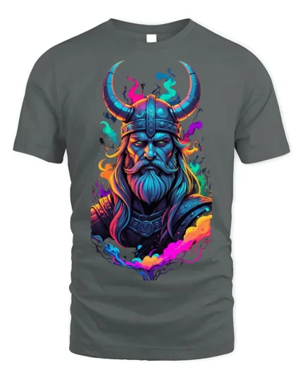 Viking Warrior T-Shirt Neon Norse Art on Soft Cotton - gray t-shirt on white background