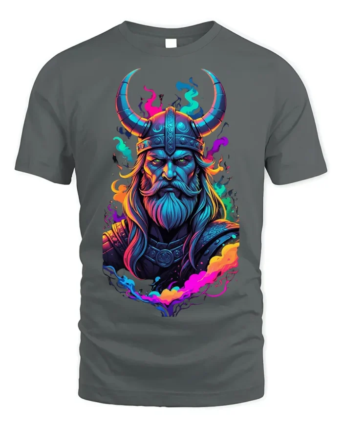 Viking Warrior T-Shirt Neon Norse Art on Soft Cotton - gray t-shirt on white background
