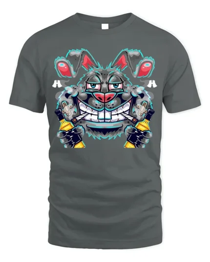 Crazy Bunny Graffiti T-Shirt Street Art Cotton - gray t-shirt on white background