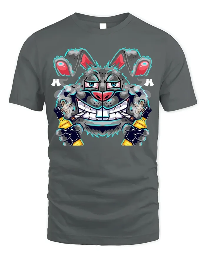Crazy Bunny Graffiti T-Shirt Street Art Cotton - gray t-shirt on white background