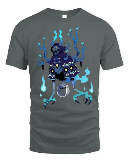 Dark Spirit Reaper T-Shirt Blue Flame Skeleton - gray t-shirt on white background