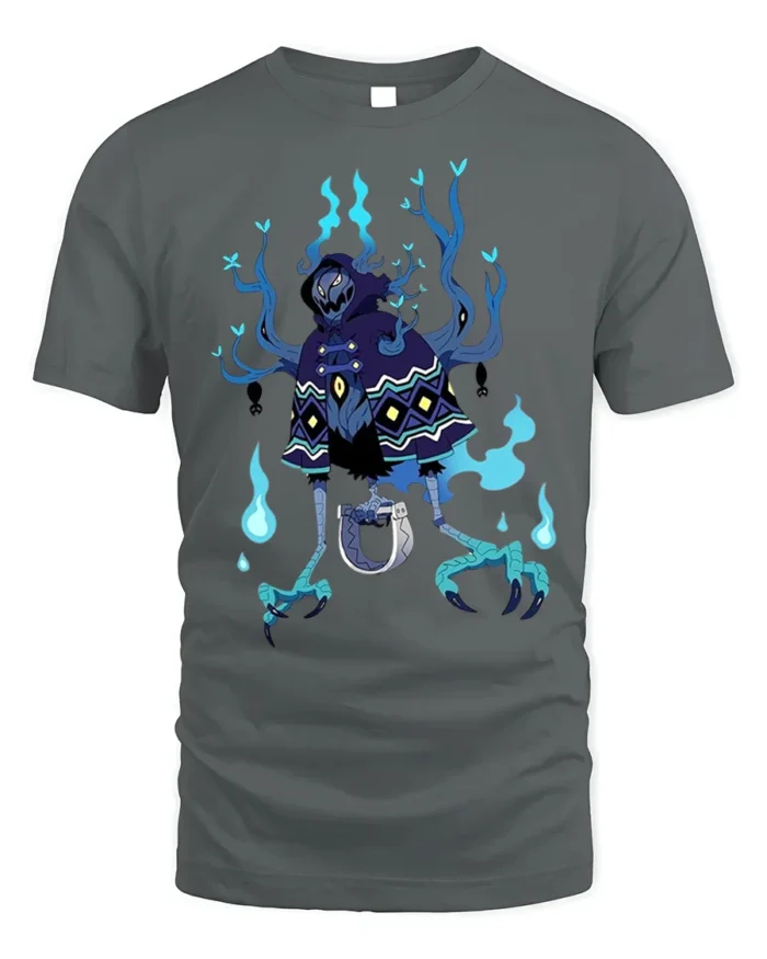 Dark Spirit Reaper T-Shirt Blue Flame Skeleton - gray t-shirt on white background