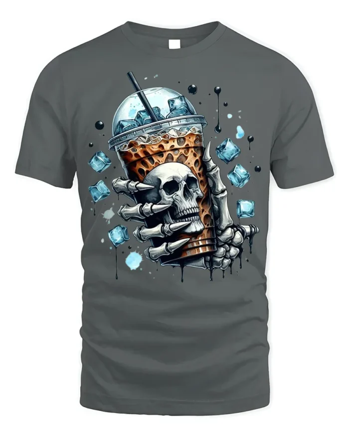 Iced Coffee Skull T-Shirt Cool Gothic Barista - gray t-shirt on white background