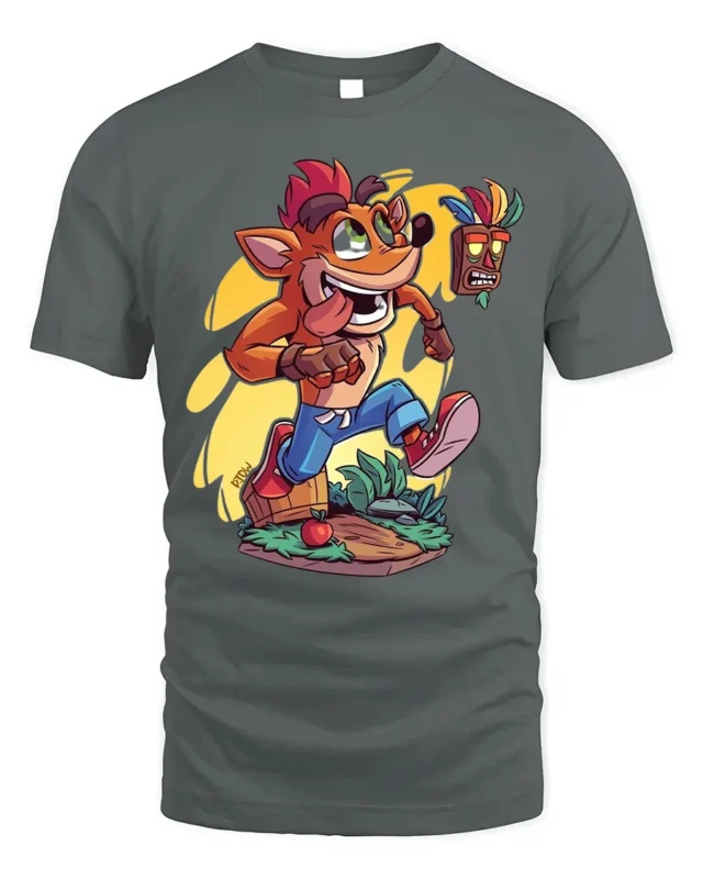 Retro Gamer T-Shirt Fun Orange Cartoon Mascot - gray t-shirt on white background