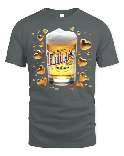Happy Father’s Day T-Shirt Beer Glass Gold Hearts - gray t-shirt on white background